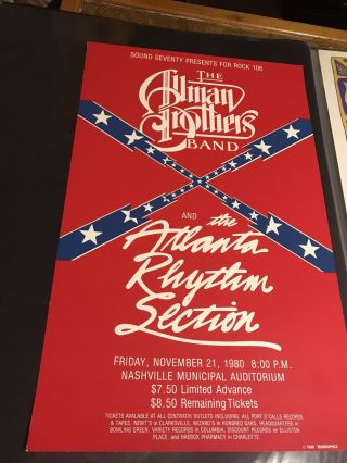 Very Rare 1980 Allman Brothers Band Poster Atlanta Rhythm Section Vintage Org