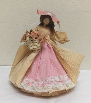 Corn Husk Doll With Basket Of Flowers 7 "