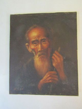 Small Old Vintage Artist Signed Oil Painting Asian Peasant Man Portrait