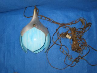 Vintage Mid - Century Blue Slag Glass Tulip Swag Light Lamp