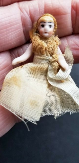 Antique German Jointed Bisque Girl Doll 1 1/2 " Tall Dressed In Cheesecloth