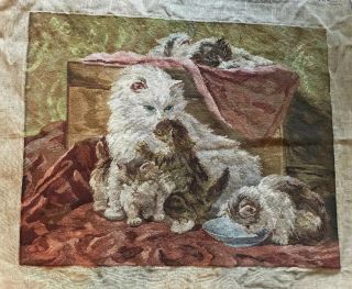 Antique / Vintage Petit Point Tapestry,  Cat And Her Kittens Sooo Sweet