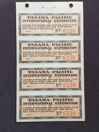 1915 Ppie Panama Pacific Exposition Sheet Of Four Tickets