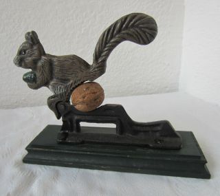 Antique Vintage Cast Iron Squirrel Nutcracker Nut Cracker On Wooden Base