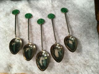 Set Of 5 Vintage Sterling Silver Spoons Green Stone Made In Hong Kong