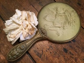 Antique Art Nouveau Brass Hand Vanity Mirror With Cherub And Basket Of Flowers