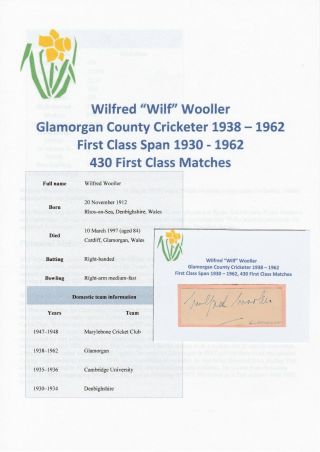 Wilf Wooller Glamorgan County Cricketer 1938 - 1962 Rare Autograph