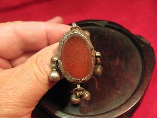 An Early Antique Solid Silver Islamic Yemeni Jewish Bedouin Dangle Gemstone Ring