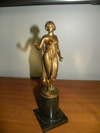 Antique Bronze Partial Nude Lady In Dress Gold Washed & Signed