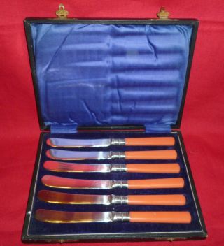 Cased Set Of Vintage Edwardian Silver Plated Tea Knives,  Coral Coloured Handles
