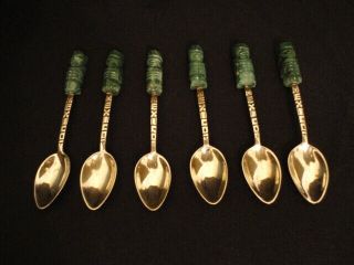 Set Of 6 Sterling Silver And Jade Jadeite Demitasse Spoons Mexico Aztec God