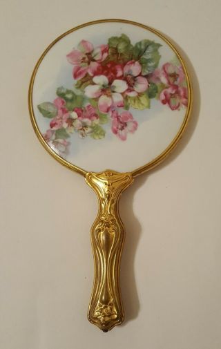 Antique Art Nouveau Hand Mirror Hand Painted Porcelain With Brass Handle & Frame
