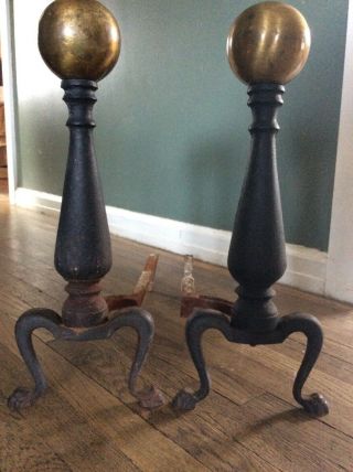 Vintage Antique Heavy Fireplace Andirons Cast Iron Brass Ball 1940’s Claw Feet