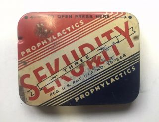 Vintage Sekurity Prophylactic Tin Condom Box Antique Dean Rubber Mfg Co Rare