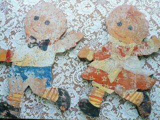 Primitive Antique Raggedy Ann & Andy Folk Art Wooden Doll 22 " Handmade Art Pair