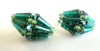 Rare Vintage Green Glass Clip Earrings & Ab Rhinestones Gorgeous