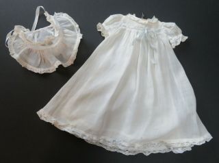 Antique Doll Dress And Bonnet White With Blue Ribbons And Trim