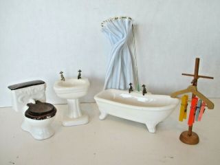 Vtg Dollhouse Miniatures Porcelain Bathroom Set Toilet Bathtub Sink Clothes Rack