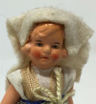 Antique Vintage German Bisque Dollhouse Wire Jointed Girl Doll w Scarf Miniature 2