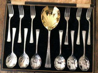 Cased Silver Fruit Set - 6 Spoons,  6 Forks And 1 Serving Spoon