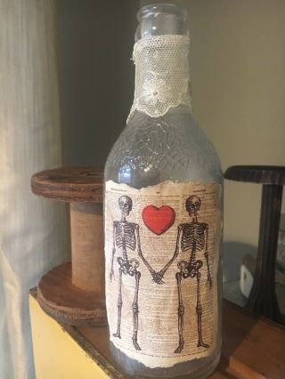 Antique Bottle Vintage Oddities Floral Skeleton Love Gothic 8”tall Halloween