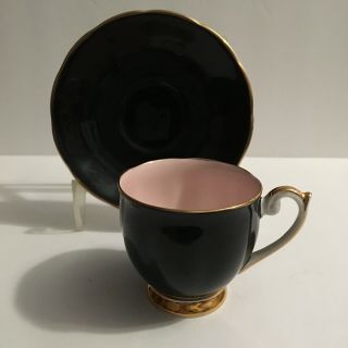 Vintage Queen Anne Harlequin Demitasse Cup And Saucer Set Pink Black & Gold