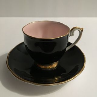 Vintage Queen Anne Harlequin Demitasse Cup and Saucer Set Pink Black & Gold 2