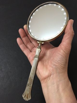 Rare Vtg Hand Held Mirror Double Sided Saw Tooth Etched Glass At Edge Unique