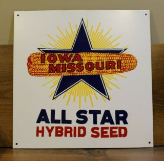 Iowa Missouri All Star Hybrid Seed Sign Rare Corn Painted Tin Metal Gas Oil Barn