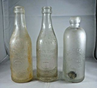 3 Antique Norwalk,  Ct Glass Bottles,  Olden Time Bottling & Hj & Gs Grumman