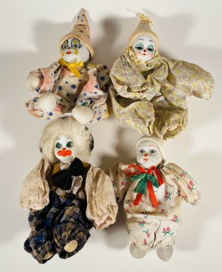 4 Vintage Porcelain Faced Clothed Clown Dolls W/stuffed Bodies