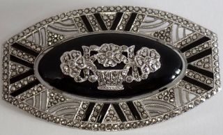 Antique Art Deco Sterling Silver Black Enamel Marcasite Flower Basket Brooch