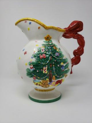 Vintage Nikko Christmas Pitcher 3d Ribbon Handled Embossed Christmas Tree Rare