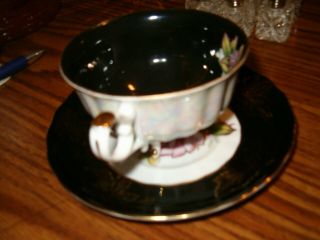 Gorgeous Vintage Tea Cup & Saucer Black With Cabbage Rose Royal Halsey