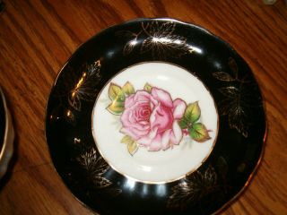 Gorgeous Vintage Tea Cup & Saucer Black With Cabbage Rose Royal Halsey 2