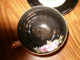Gorgeous Vintage Tea Cup & Saucer Black With Cabbage Rose Royal Halsey 3