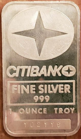 Citibank Very Rare Vintage 1 Oz Silver Bar By Johnson Matthey.  3 Day