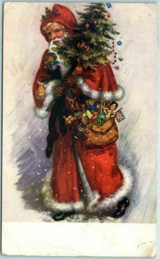 Long Robe Santa Claus With Tree Toys Antique 1908 Christmas Postcard - M547