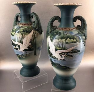 1 Of 2 - 12 " Antique Japan Porcelain Flying Crane Scenic Vases Green Japanese Vtg