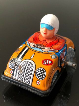 Vintage Tin Wind Up Race Car Driver Stp Orange Made In Japan Rare