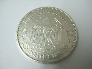 German Silver 5 Mark Reichsmark 1935 F Silver Eagle Hindenburg Nazi 3rd Ww2 Rare