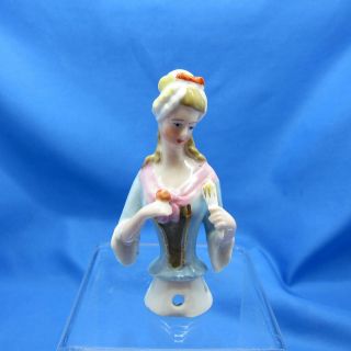 Antique Half Doll Young Lady With Fan,  Rose,  And Ribbon On Hat Nr