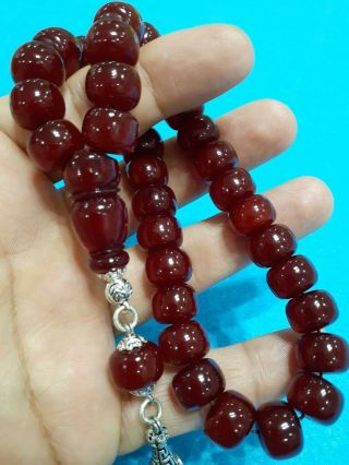 Rare Red Faturan Rosary Cherry Islamic Tasbeh Prayer Beads Bakelite Amber Silver