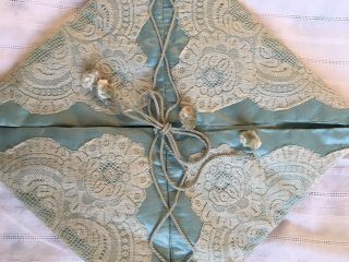 Antique Vintage Aqua Silk ? & Lace Handkerchief Lingerie Stocking Bag
