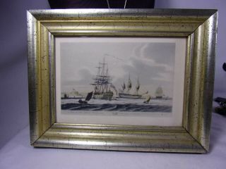 Antique Framed Hand Colored Print British Ship Geurre Dans Les Miniature 5 " By 3