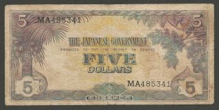 1942 Malaya Japan Government $5 Dollar Rare With Serial Number Banknote P - M6a F