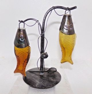 Vintage Salt & Pepper Shakers Fish Fishing With Fishing Pole Stand Rare