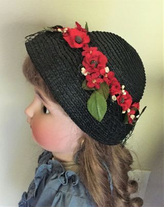 Vintage Doll Hat - Black Straw With Red Flower Trim