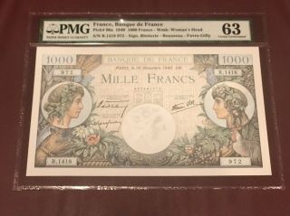 France French 1000 Francs Commerce Et Industry 1940 Pmg 63 Unc Pick 96a Rare