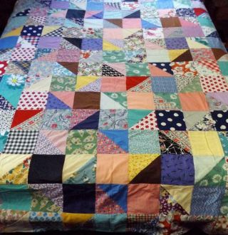Block Triangle Quilt Top 72 X 92 Hand Stitched Pieced Vintage Antique Fabrics